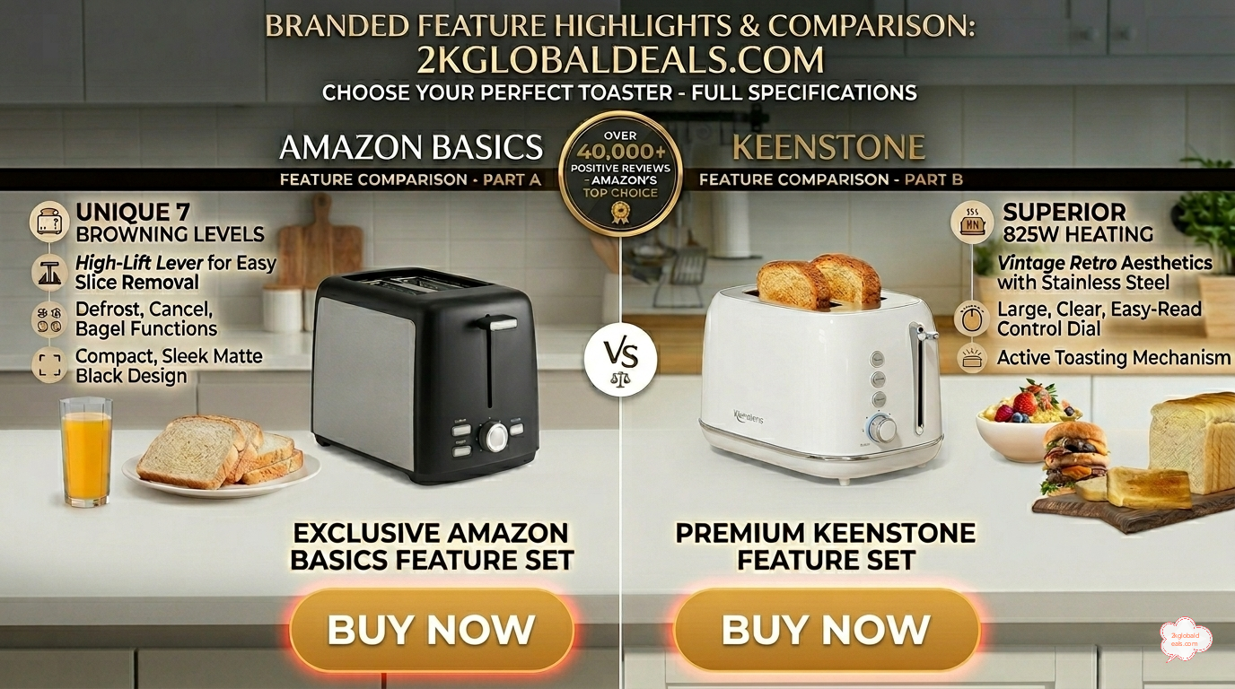 Side-by-side comparison of Amazon Basics matte black toaster and Keenstone white retro toaster with 2kglobaldeals.com branding and Buy Now buttons.