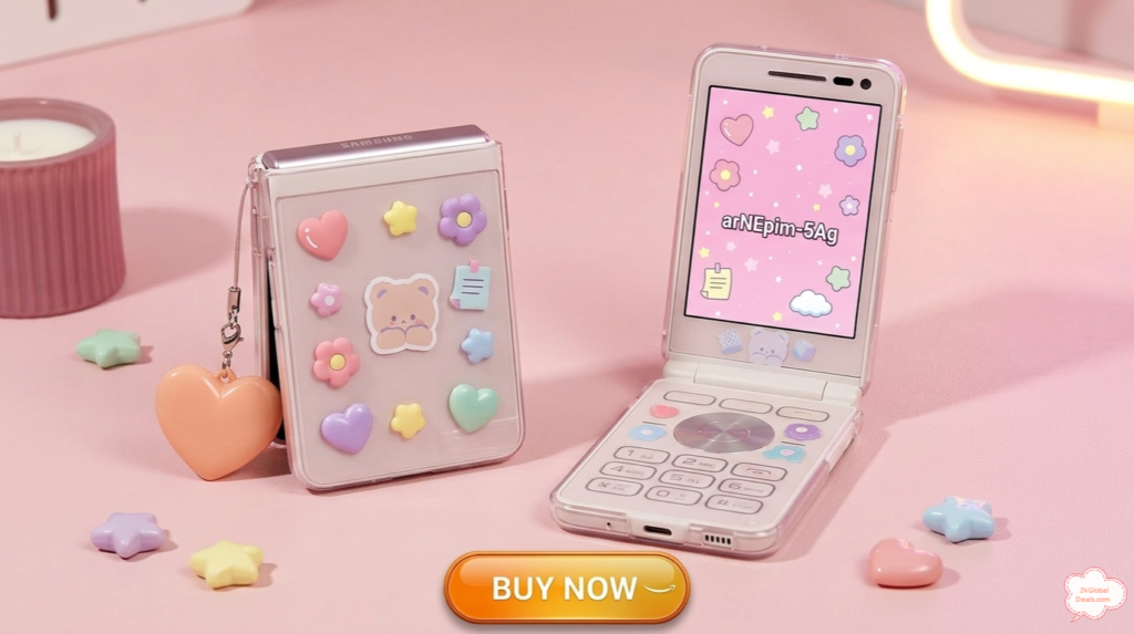 Samsung Galaxy Folder 2 with aesthetic pastel stickers and heart phone charm.