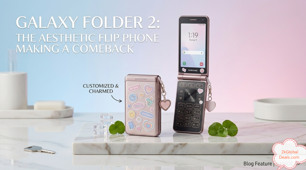 Samsung Galaxy Folder 2 with aesthetic pastel stickers and heart phone charm.