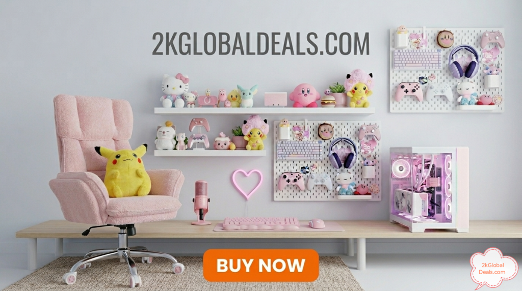 Aesthetic Kawaii Pink Gaming Setup with Pikachu Plush