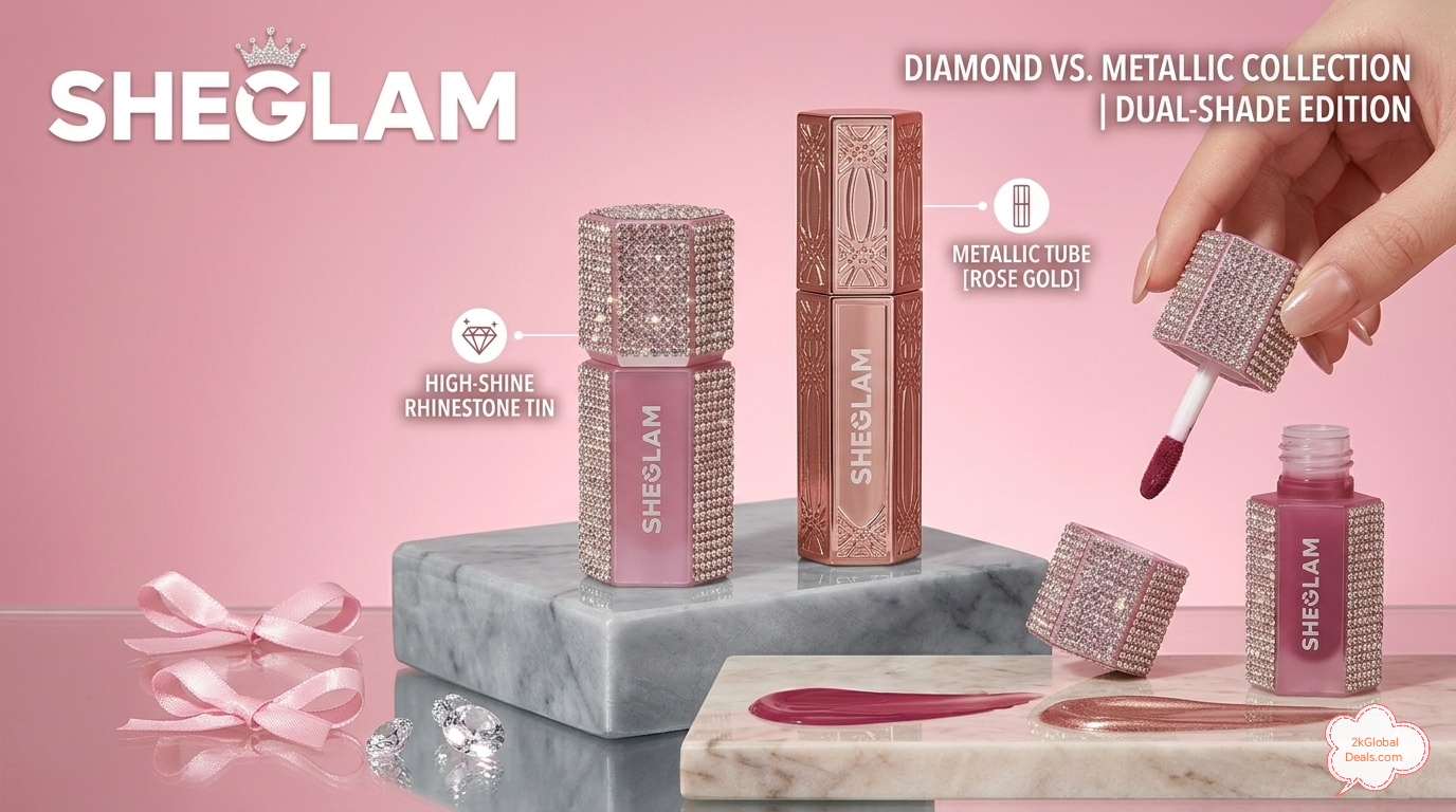 SHEGLAM Rhinestone Lip Tint DIY makeover with diamond-encrusted packaging and pink gloss swatch.