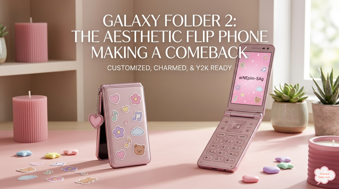 Samsung Galaxy Folder 2 with aesthetic pastel stickers and heart phone charm.