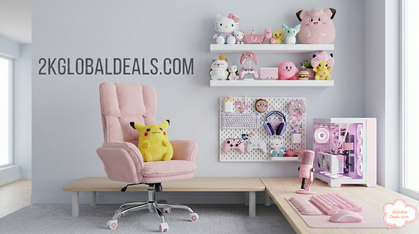 Aesthetic Kawaii Pink Gaming Setup with Pikachu Plush